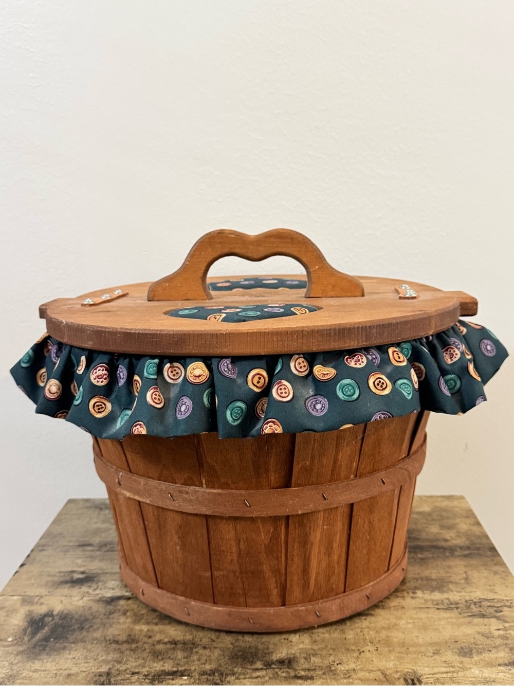 Vintage Wooden Sewing Basket with Button Print Fabric & Heart Cutouts - Picture 6 of 14
